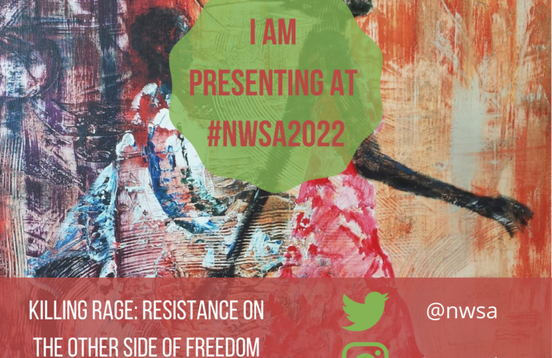 Poster: "I am presenting at #NWSA2022" over image of painting of black women and child