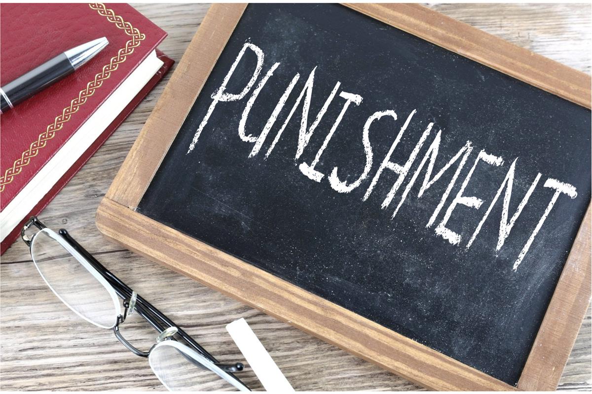 School hand held chalkboard on desk with glasses, book and pen. "Punishment" is written on the chalboard.